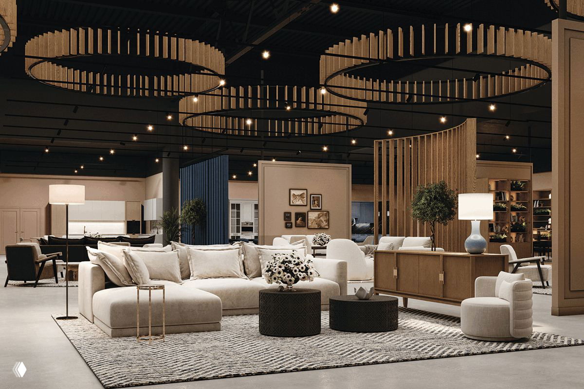 Демонстрационная гостиная Dantone Home с большим мягким угловым диваном, журнальными столиками и декоративными предметами в экспозиции универмага.