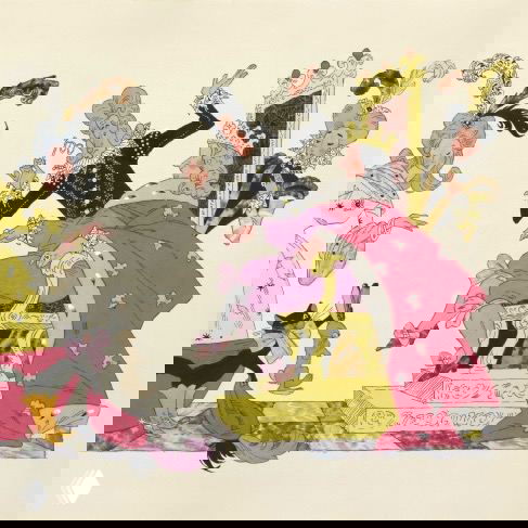 Цветная сценка из детской сказки с украшенной мебелью и персонажами; стилистика книжной иллюстрации, знакомая российским читателям.