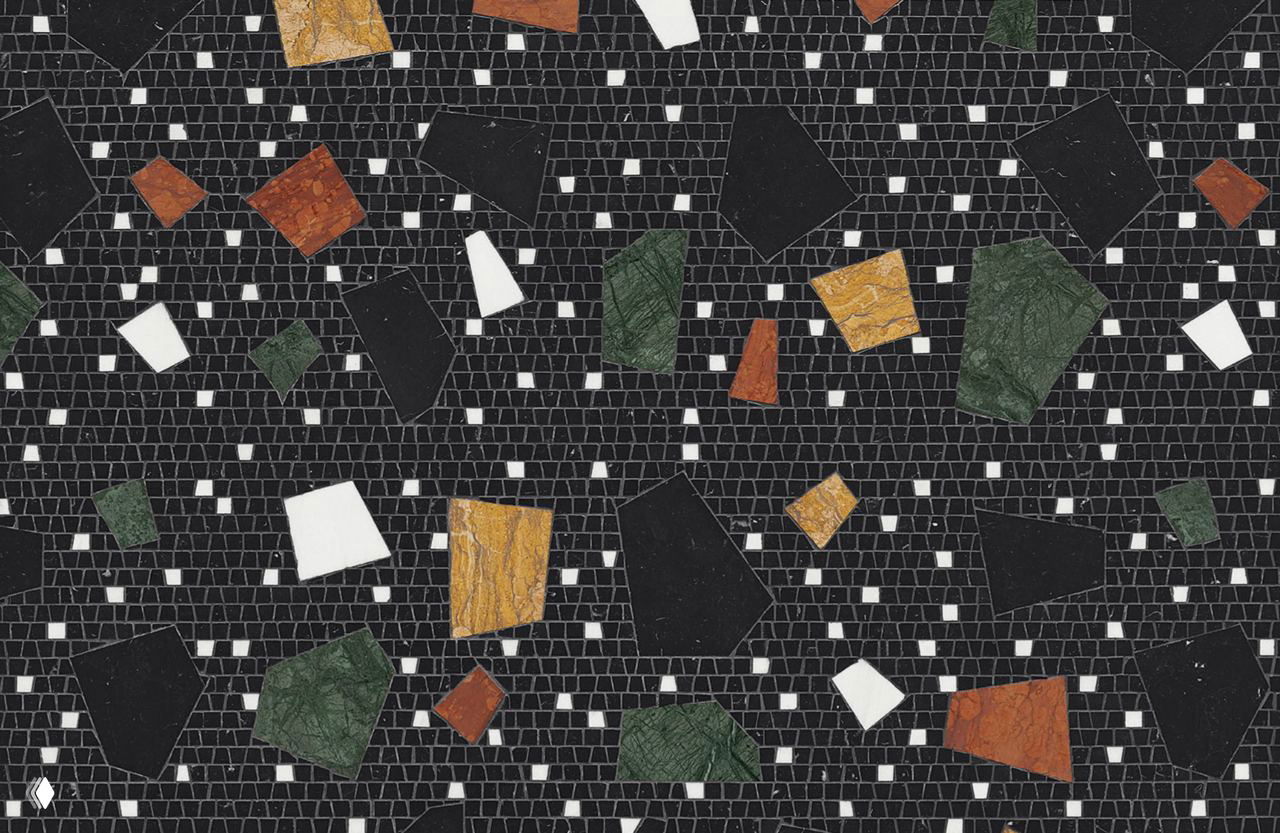 Крупный план чёрной мозаичной плитки коллекции Réminiscence с разноцветными фрагментами мрамора и мелкой чёрной сетчатой тессерацией.