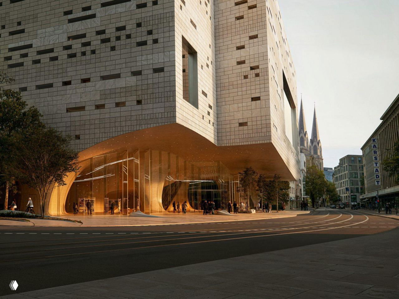 Угол здания с панорамным остеклением: первый этаж-«пещера» с плавными колоннами и открытым доступом в общественное пространство.