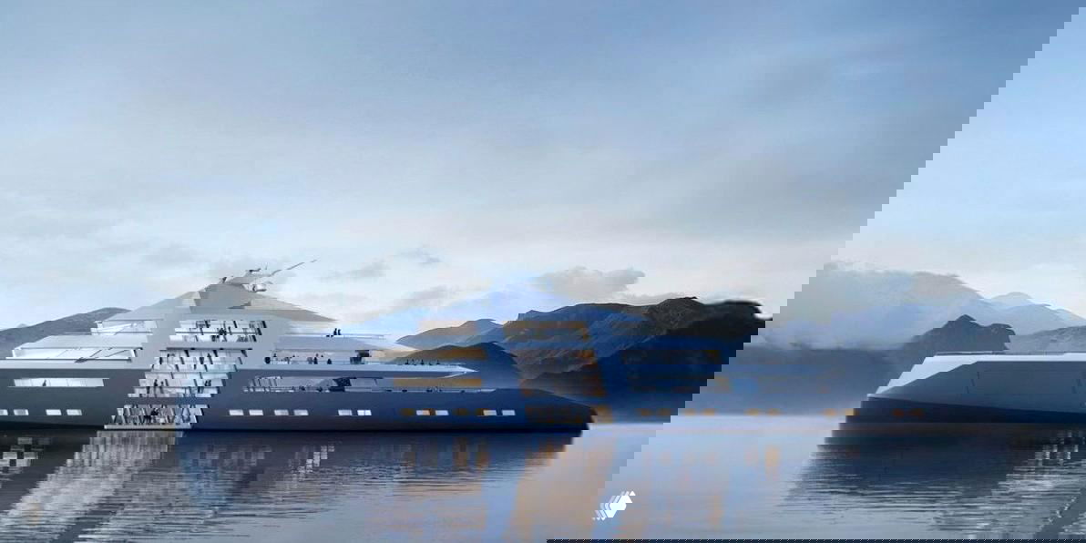 Рендер экстерьера концептуальной яхты Outlier I от Foster+Partners: низкий профиль, срезанные борта и панорамные окна на фоне спокойного моря и гор.