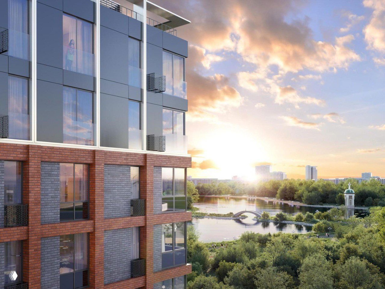 Фрагмент фасада жилого комплекса на фоне живописного пруда, зелёного парка и декоративного мостика при закате — иллюстрация концепции слоу-лайф в Михалково