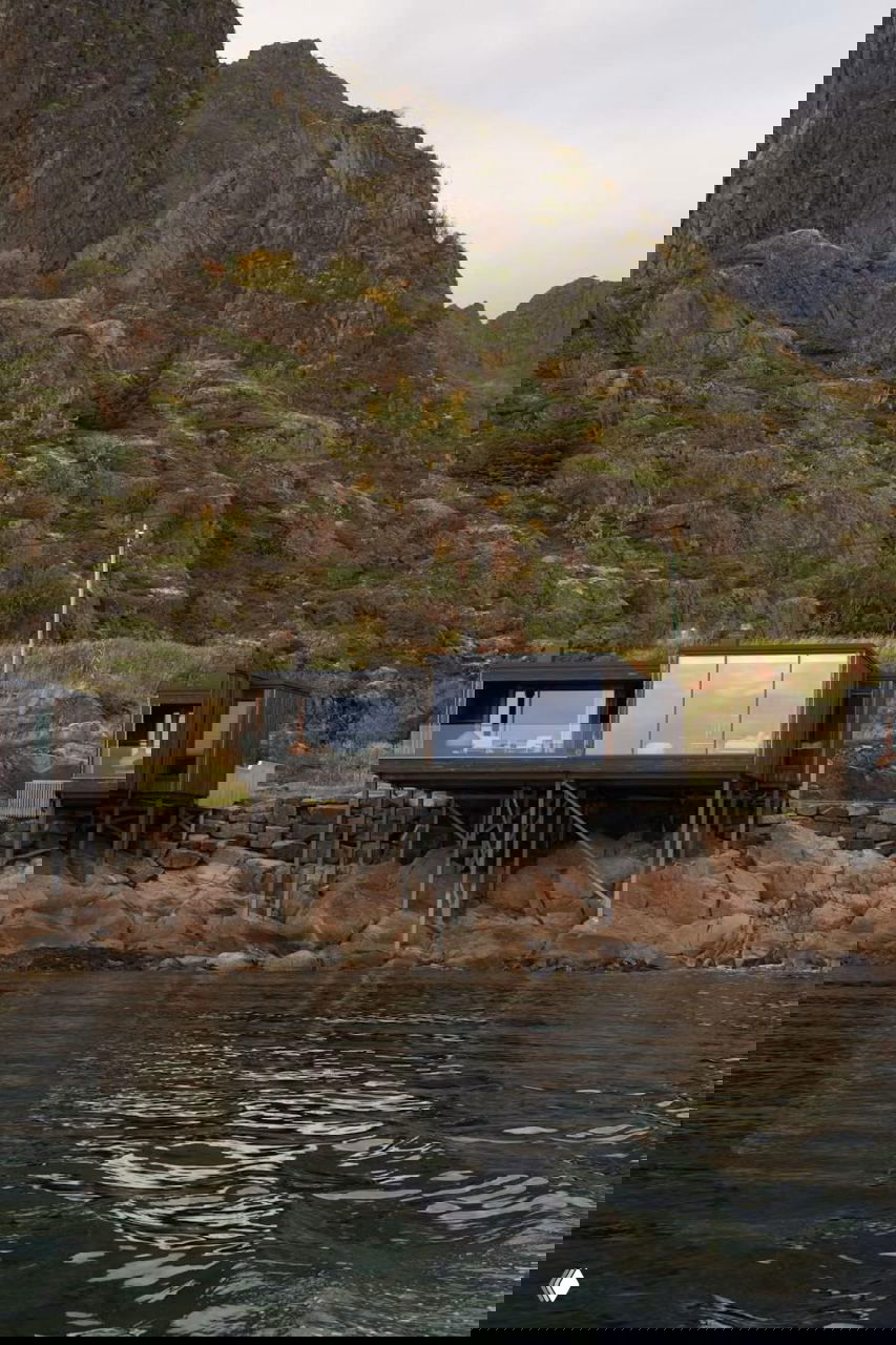 Хижина на сваях у скалистого побережья Лофотенских островов: тёмный фасад, панорамное окно и спокойная морская гладь у берега.