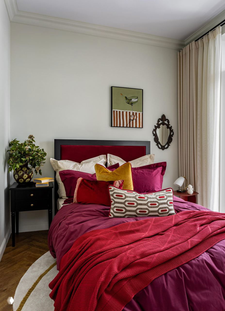 Детали спальни: многослойные текстуры постельного белья и декоративные подушки на фоне нейтральных стен и классического молдинга потолка.