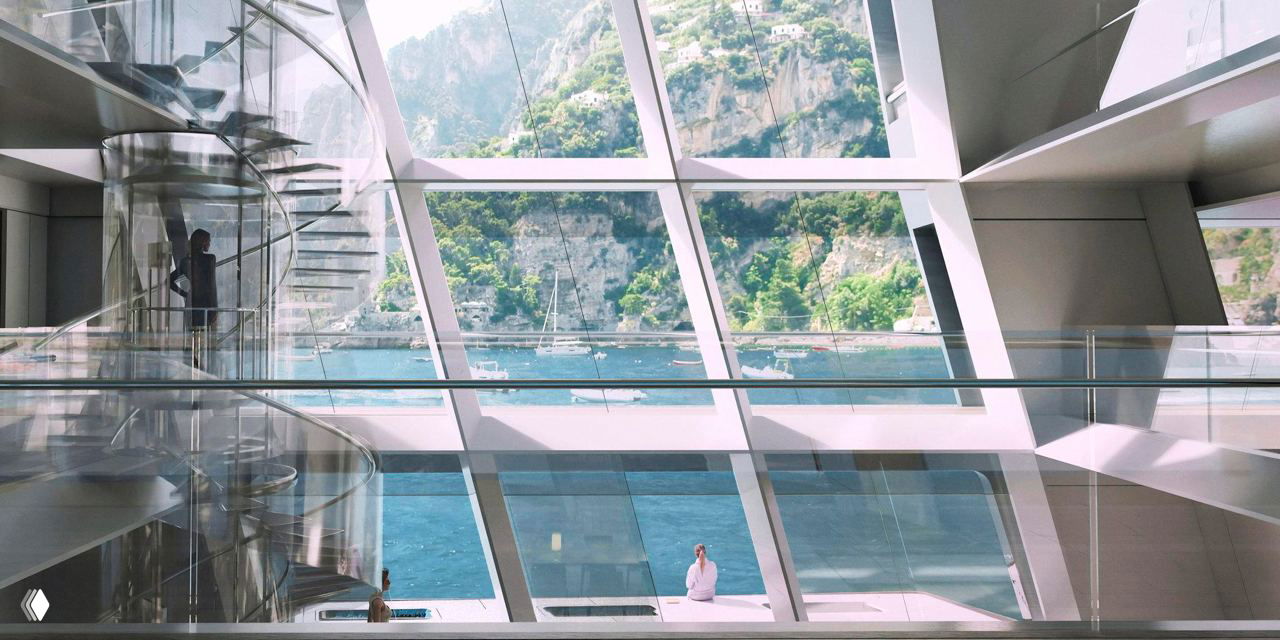 Крупный вид панорамных окон яхты Outlier I, опускающихся до воды; вид изнутри на море, стеклянная лестница и открытая перспектива к наружной палубе.
