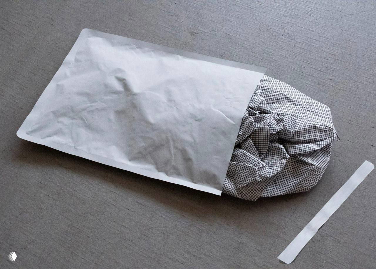 Белый конверт A4 с частично вынутой лампой в чёрно‑розовую клетку; показан процесс упаковки, компактность Tsubomi и полоска для герметичного закрытия конверта.