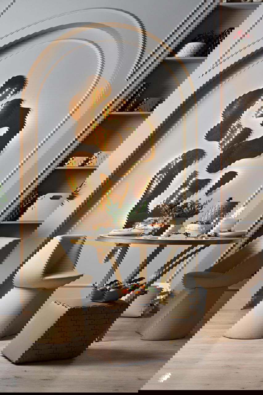 Обеденная зона с круглым столом и мягкими стульями на фоне арочной ниши; декоративная золотая скульптурная панель с подсветкой — продукт дизайна ADJ.