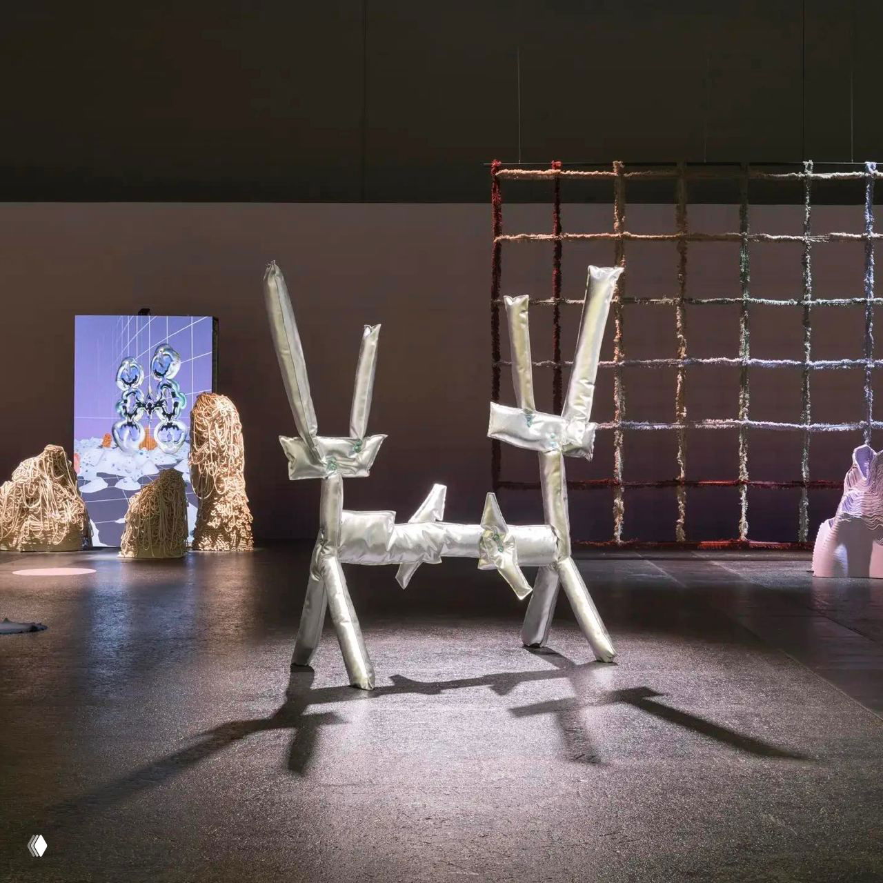 Фрагмент экспозиции Уркиолы: металлически-серебристый скульптурный объект на полу выставочного зала, вокруг сетчатые текстильные структуры.