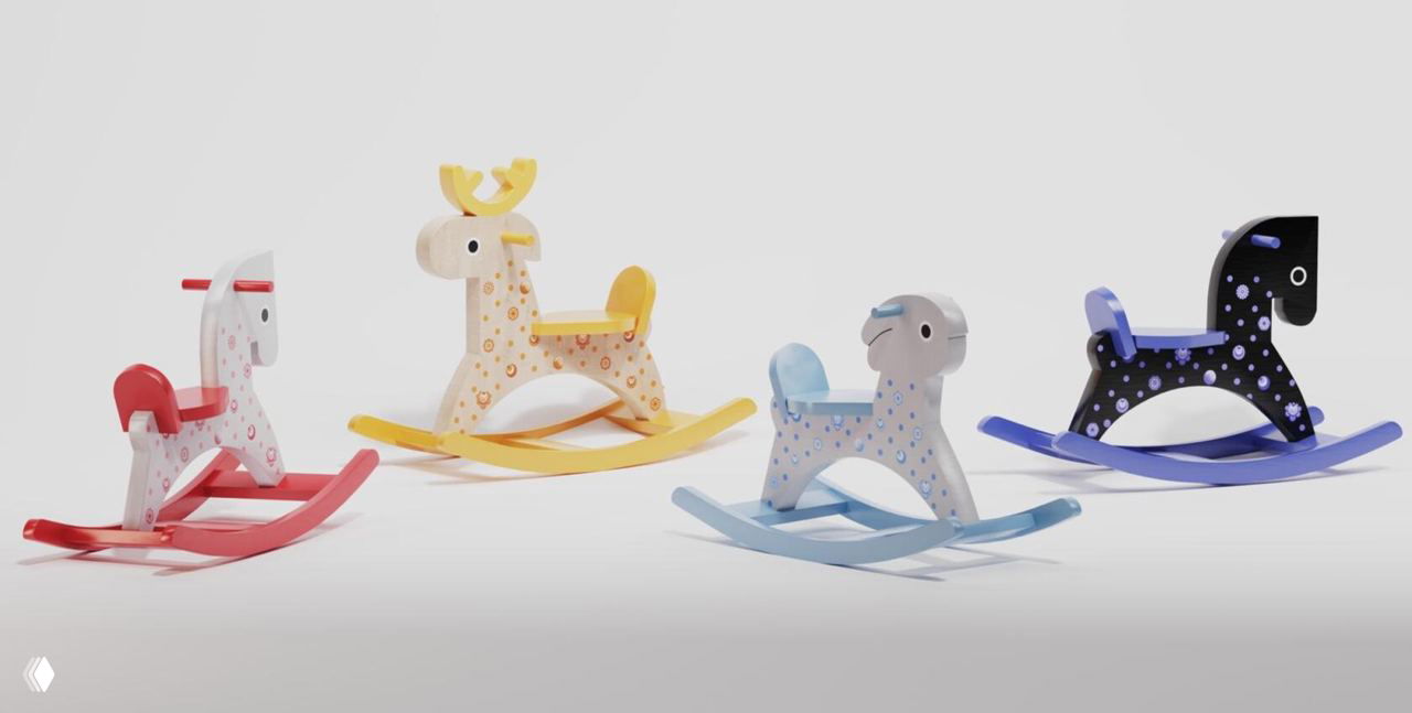 Набор деревянных кресел-качалок в виде животных с декоративными круглыми узорами и яркой полировкой, коллекция «Городец».