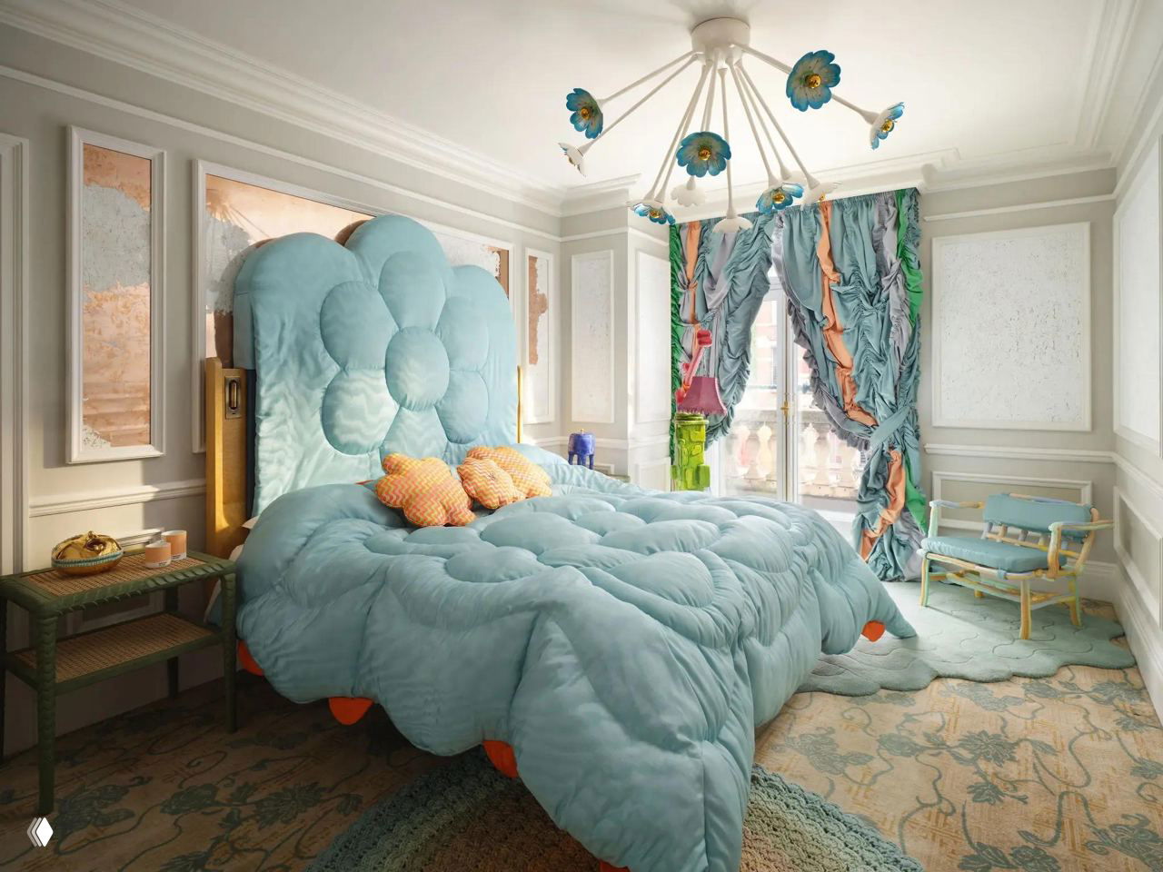 Спальная зона люкса Mandarin Oriental в оттенке Celadon Green: большое стеганое покрывало, пышное изголовье‑цветок и шторы в морской палитре интерьера.