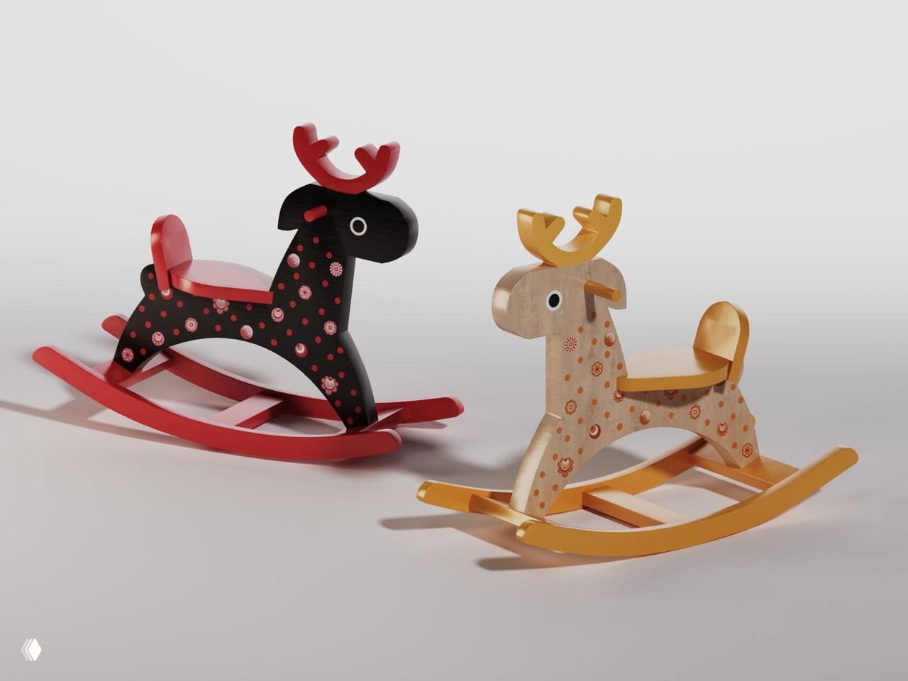 Две качалки-олени в тёмной и светлой отделке с городецкими мотивами и контрастными полозьями, детская игровая мебель.