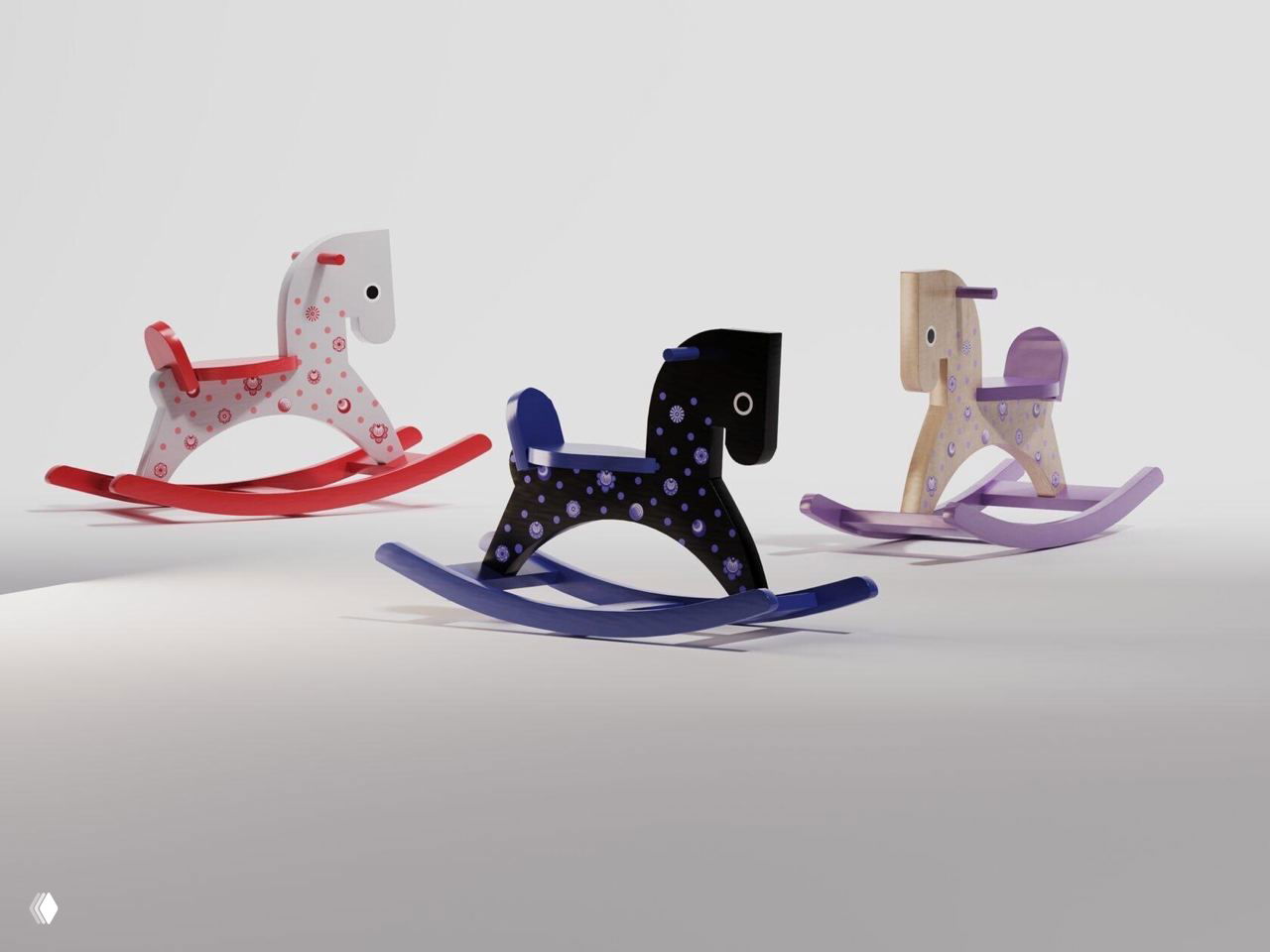 Группа качалок-лошадок разной окраски — красная, синяя и светлая — украшенные круглыми орнаментами в городецком стиле.