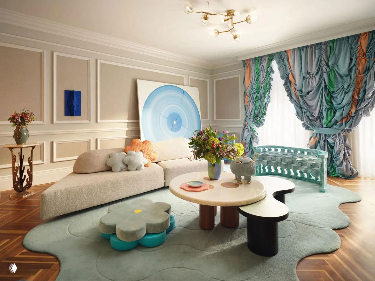 Гостиная люкса с мебелью и ковром в селадоново-зелёной гамме, необычные столики и декоративные объекты британских художников в проекте Uchronia.