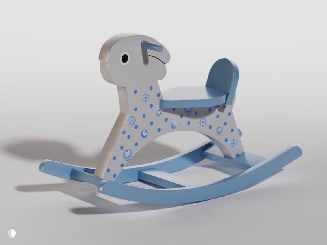 Голубая деревянная качалка-зайчик с низким сиденьем и цветочным орнаментом, минималистичная форма для ребёнка.