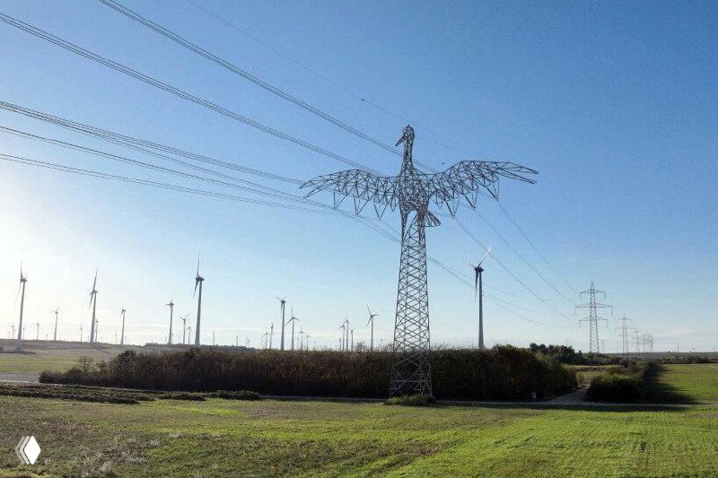 Рендер линий электропередач, где опоры собраны в скульптурные силуэты птиц и животных на фоне равнины и неба, концептуальный дизайн проекта.
