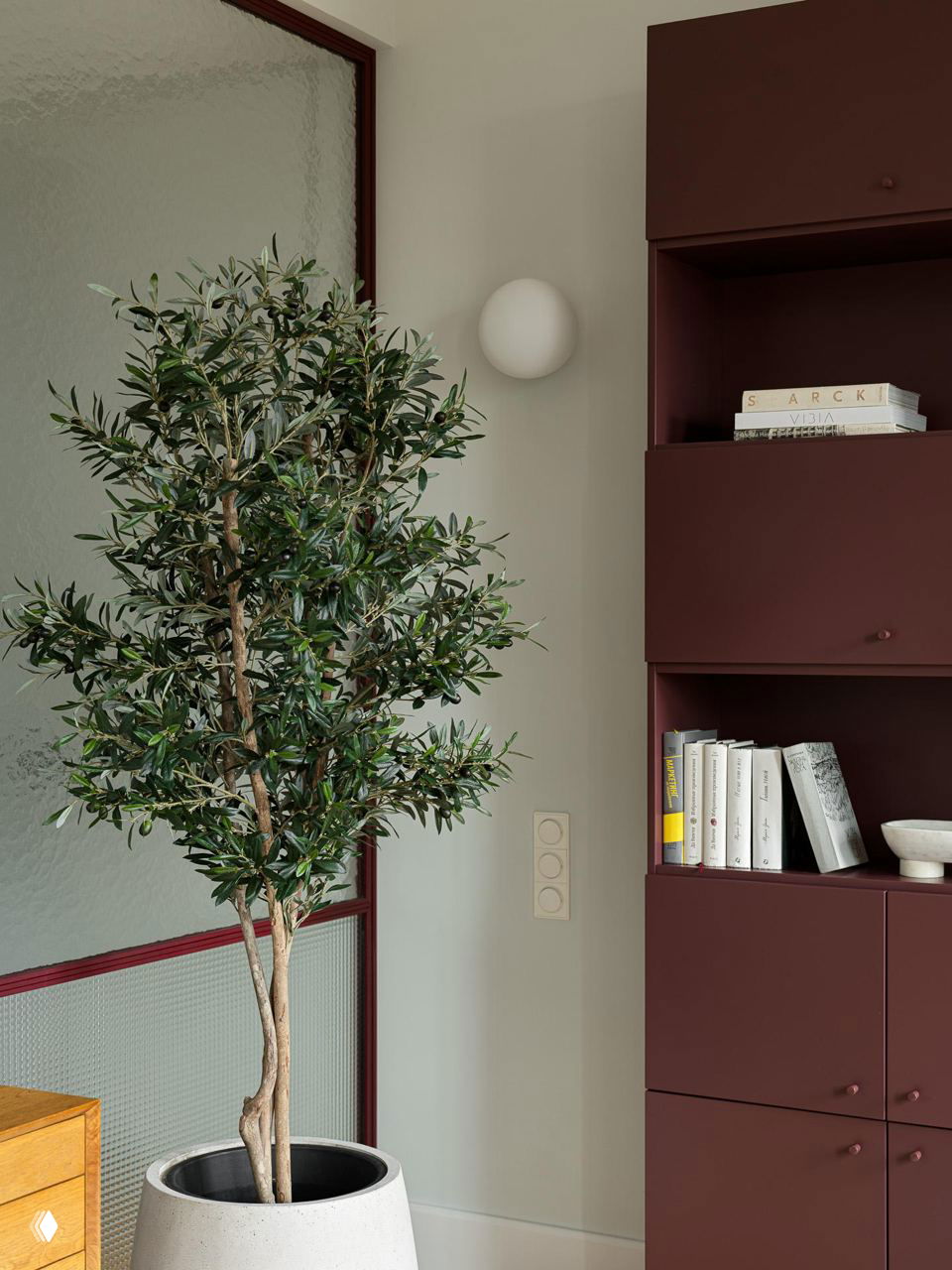 Угловой фрагмент интерьера: высокий зелёный фикус в бетонном горшке рядом с бордовым модульным шкафом и полками с книгами в проекте Анны Скорик