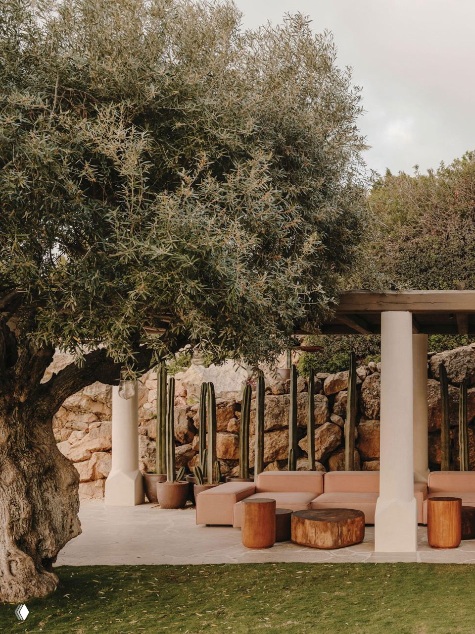 Открытая терраса виллы на скале с низкими диванами, деревянными столиками и массивным оливковым деревом — атмосфера расслабленного минимализма на Ибице.