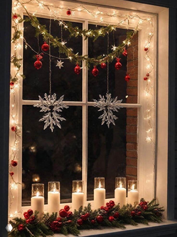 Новогодний подоконник с горящими белыми свечами, зелёной хвойной гирляндой и красными шарами, украшенный ёлочными снежинками и мягким светом.