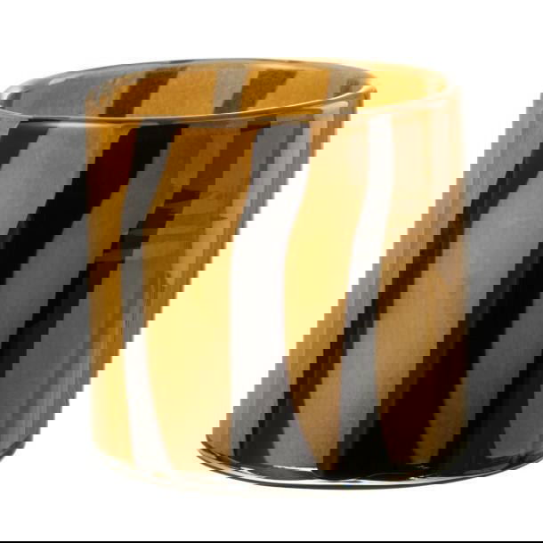 Керамический стакан/ваза с вертикальными коричневыми и чёрными полосами на белом фоне — минималистичный подарок для интерьера, рабочего стола или кухни.