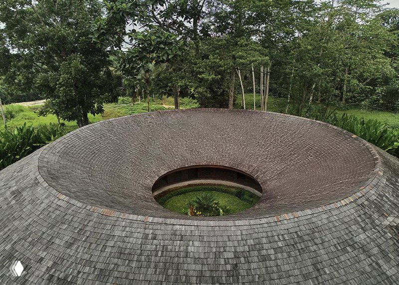 Крупный план изогнутой гонтовой кровли и перехода скатов, подчеркивающий фактуру покрытия и связь формы дома с холмистым рельефом.