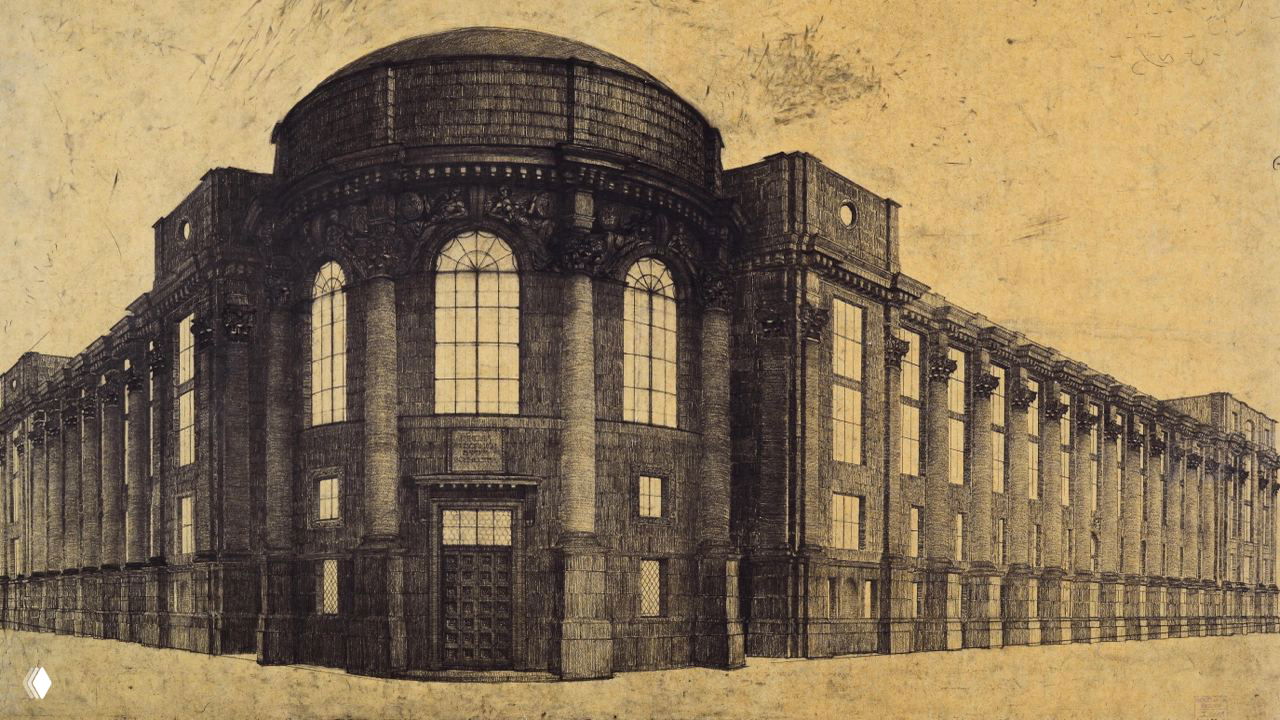 Архитектурная графика: старинный охристый рисунок большого здания с колоннами и полукруглой апсидой — проект Весниных.