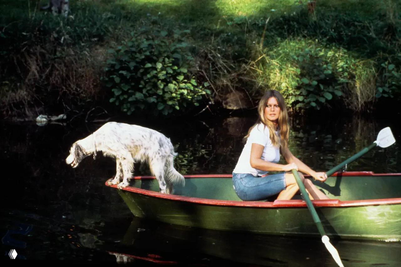 Фото на воде: женщина в лодке гребёт веслом, рядом на борту стоит собака — природный пейзаж возле дома и спокойная сцена с животными.