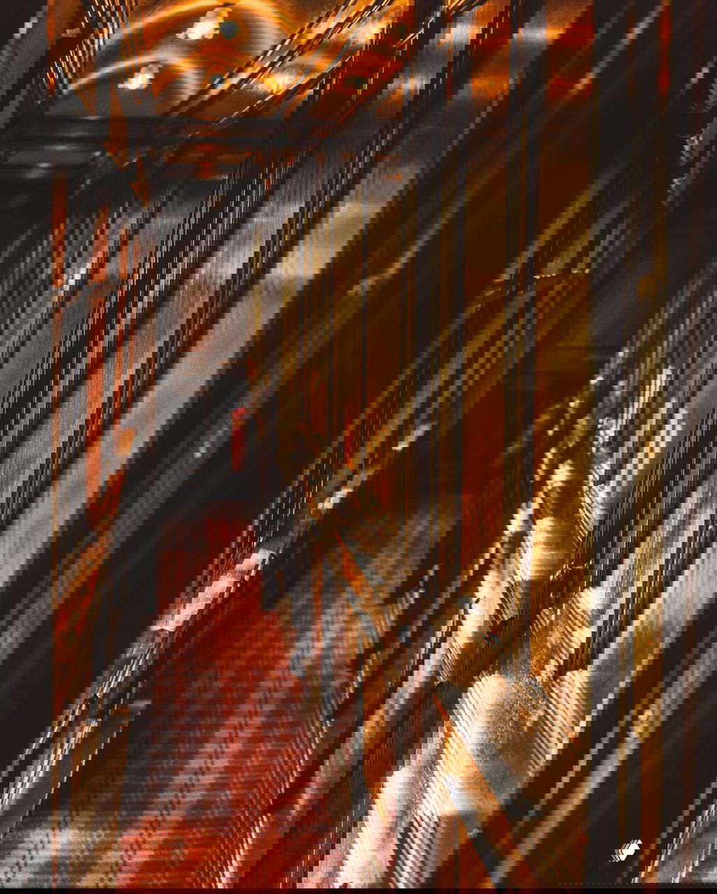 Узкий коридор ретро-поезда с деревянными панелями и плиточным ковровым покрытием в тартановой гамме, тёплое боковое освещение и дверцы купе