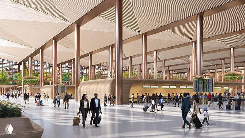 Внутренний вид терминала с пассажирскими зонами, зелёными островками и ритмичной деревянной структурой потолка проекта