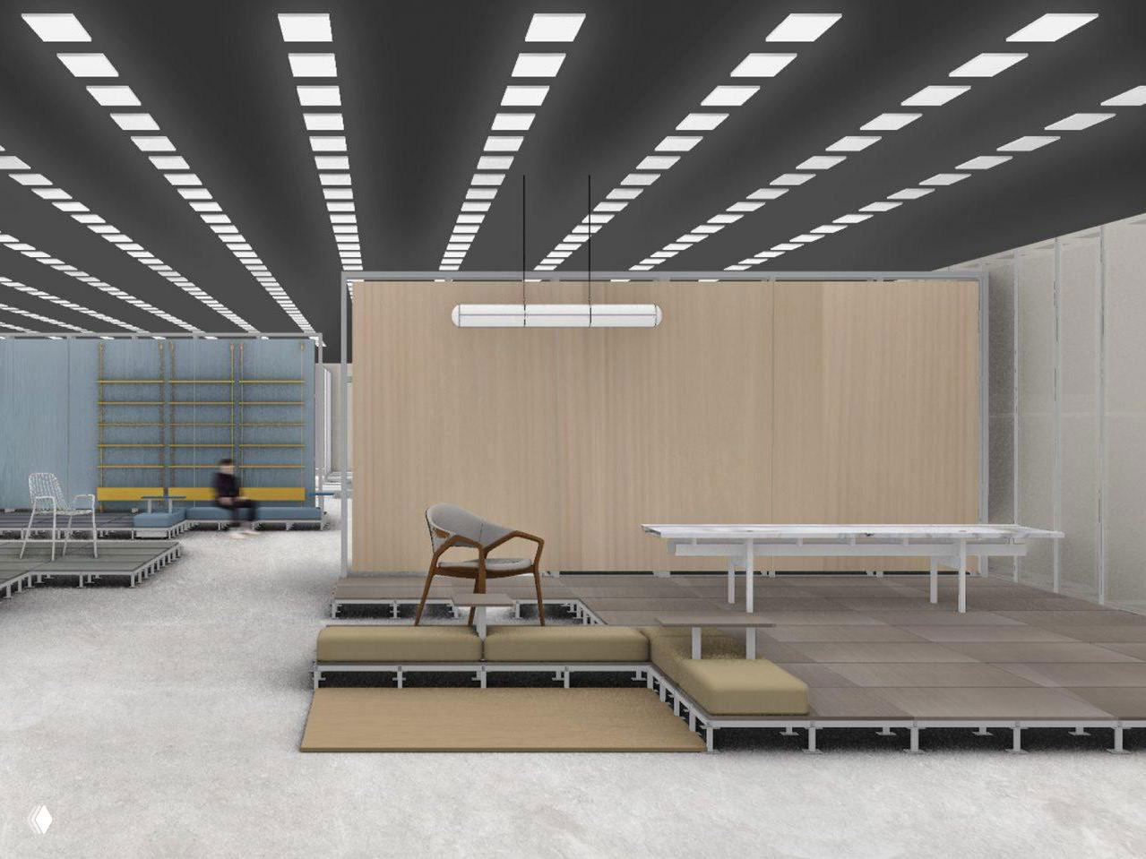 Визуализация модульного стенда Raritas: приподнятые платформы, деревянная облицовка, кресло и рабочий стол под линейными потолочными светильниками в выставочном зале.