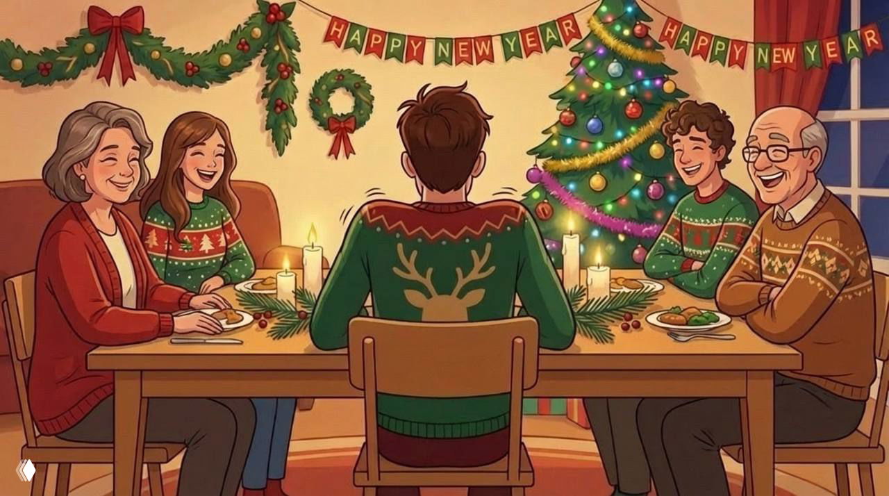 Иллюстрация семейного новогоднего ужина: пять человек в тёплых свитерах, украшенная ёлка, праздничный стол и гирлянды