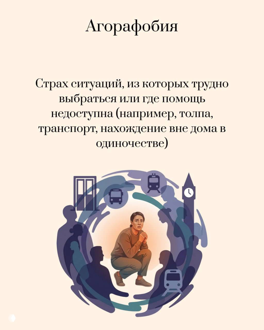 Иллюстрация к агорафобии: человек в окружении силуэтов толпы, транспорта и часов, показывающая страх ситуаций, где помощь может быть недоступна.