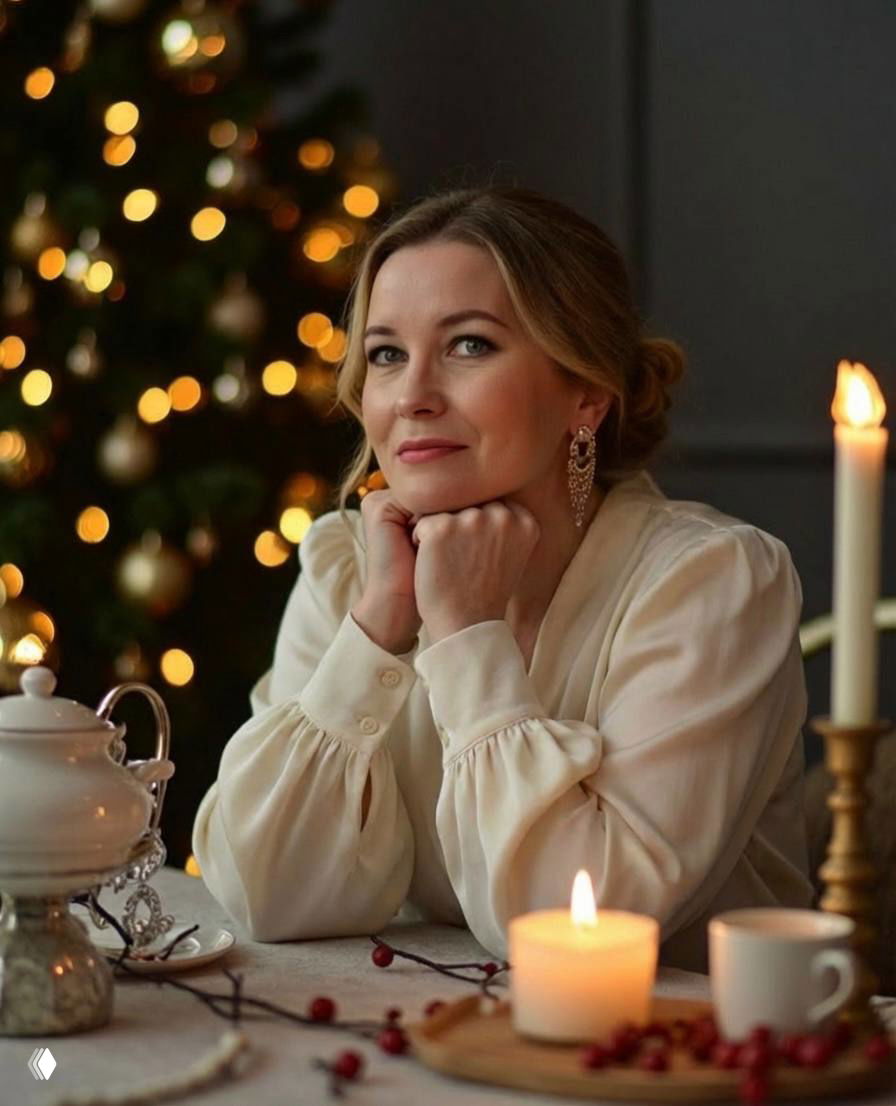 Женщина за столом в тёплой новогодней обстановке: зажжённая свеча, чашка и украшенная ёлка с размытыми огнями на заднем плане, уютная атмосфера.
