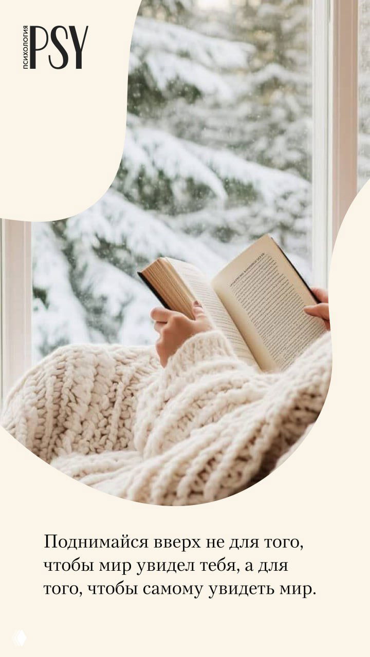 Рука держит раскрытую книгу у окна, рядом крупный вязаный плед; за стеклом видны заснеженные ветви и зимний пейзаж.