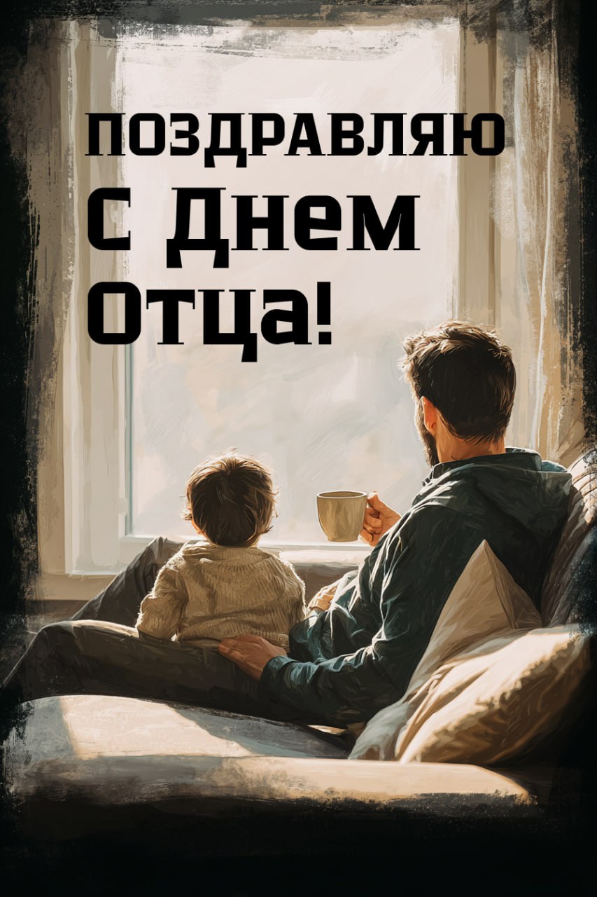 Открытка с силуэтом отца и ребёнка у окна: тёплая домашняя сцена, чашка в руке и пожелание с Днём отца.