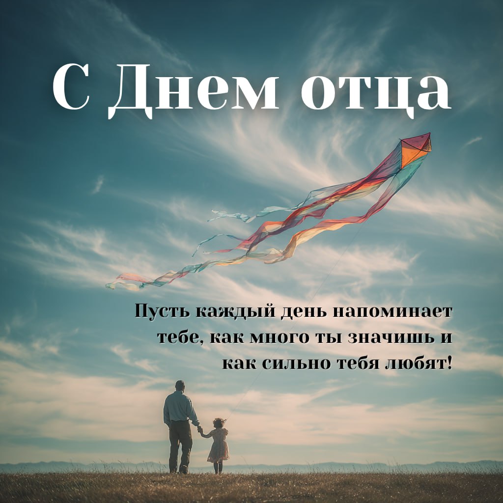 Открытка с видом на небо и воздушный змей, внизу силуэт отца и ребёнка; композиция символична и поздравляет с Днём отца.