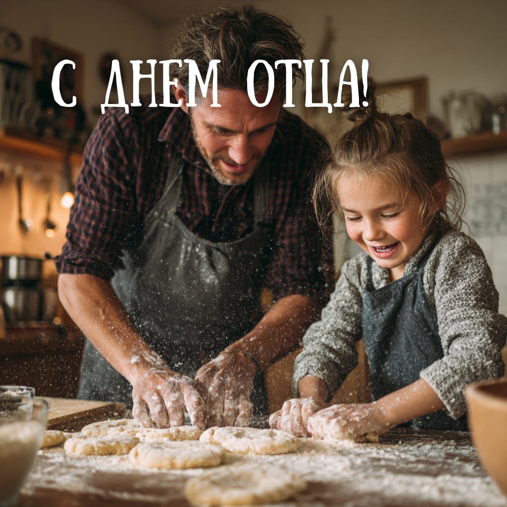 Фотография отца и ребёнка на кухне, они вместе готовят тесто; бытовая, радостная сцена с надписью поздравления.