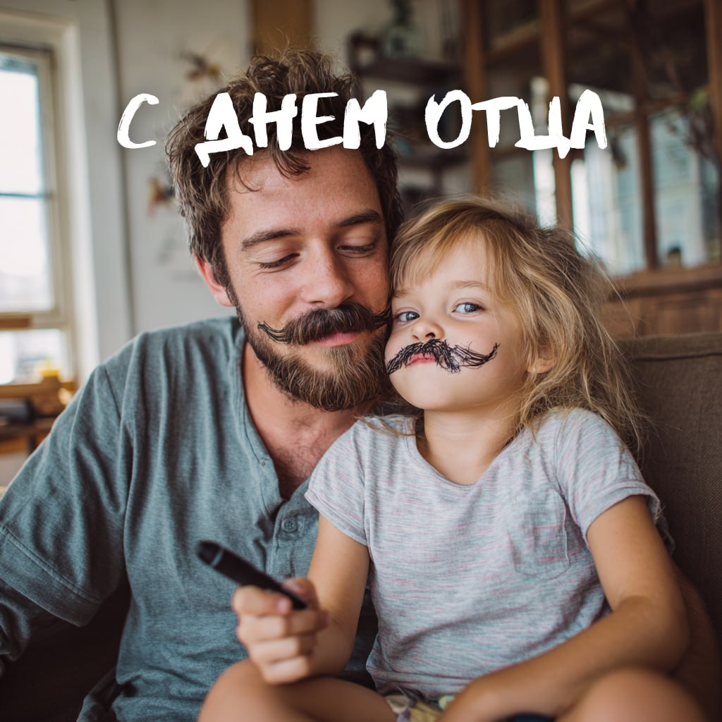 Фотография отца с дочерью, девочка с нарисованными усами на лице; тёплая семейная сцена и надпись «С Днём отца».