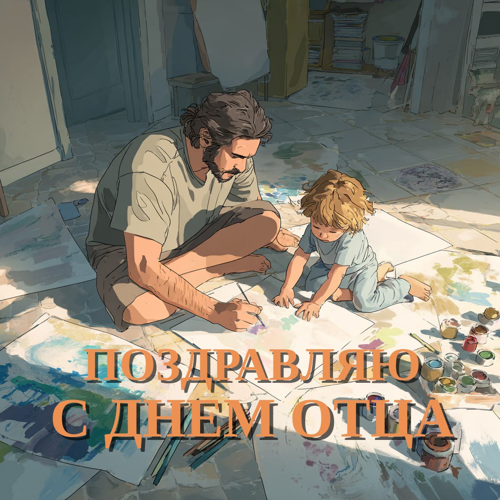 Иллюстрация отца, рисующего с ребёнком на полу; художественная сцена с красками и поздравительной надписью.