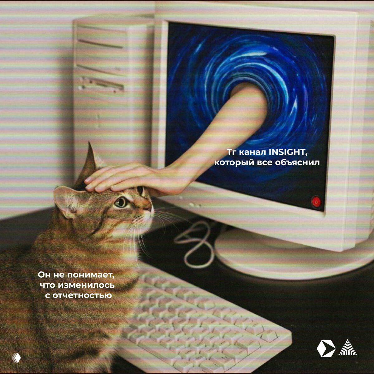 Мем-картинка: кот смотрит на руку, выходящую из монитора, с подписью про канал INSIGHT; ретро-эффект экрана и клавиатура на переднем плане.