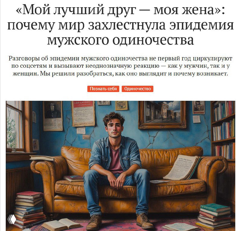 Молодой мужчина сидит на кожаном диване в уютной комнате с книжными полками, выглядит задумчивым и одиноким в домашней обстановке.