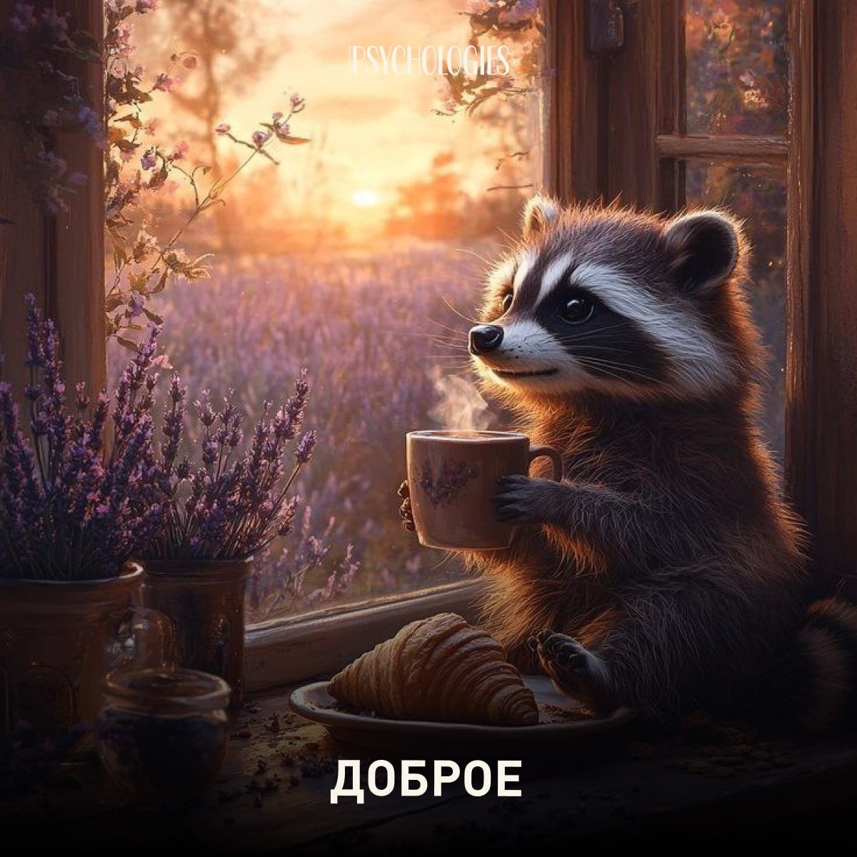 Иллюстрация енота с чашкой кофе у окна на рассвете, рядом круассан и горшки с лавандой; тёплый свет, логотип Psychologies.