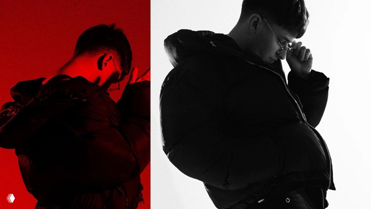 Два портрета рэп-исполнителя NEXTIME на контрастном фоне: левая часть в красном свете, правая — чёрно‑белый силуэт в пуховике.