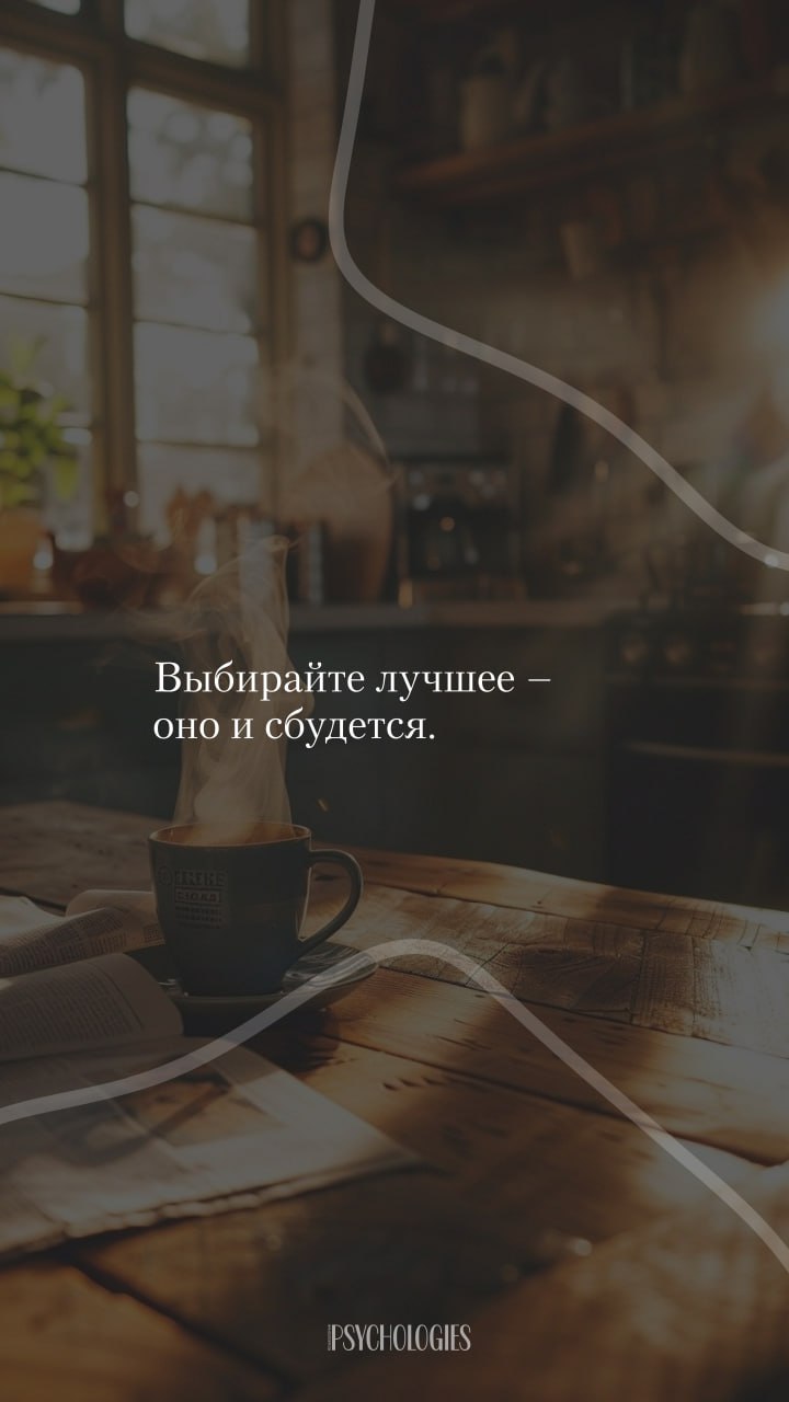 Деревянный стол у окна с парящей чашкой кофе, разложенными бумагами и тёплым светом; на изображении видна мотивирующая цитата.