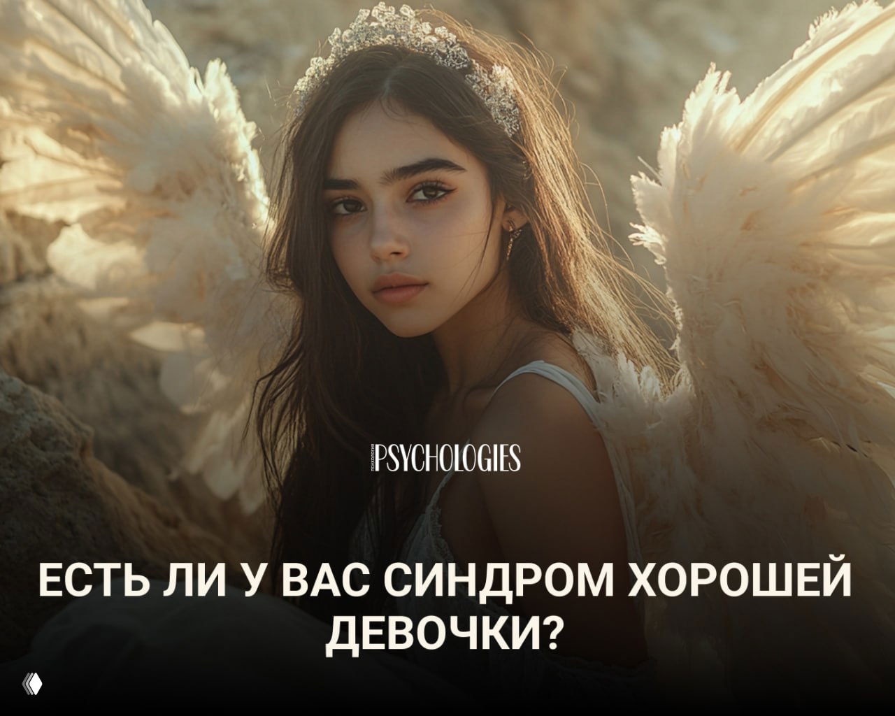 Портрет молодой девушки с крыльями и диадемой в теплых тонах, задумчивый образ как иллюстрация к тесту Psychologies о синдроме «хорошей девочки».