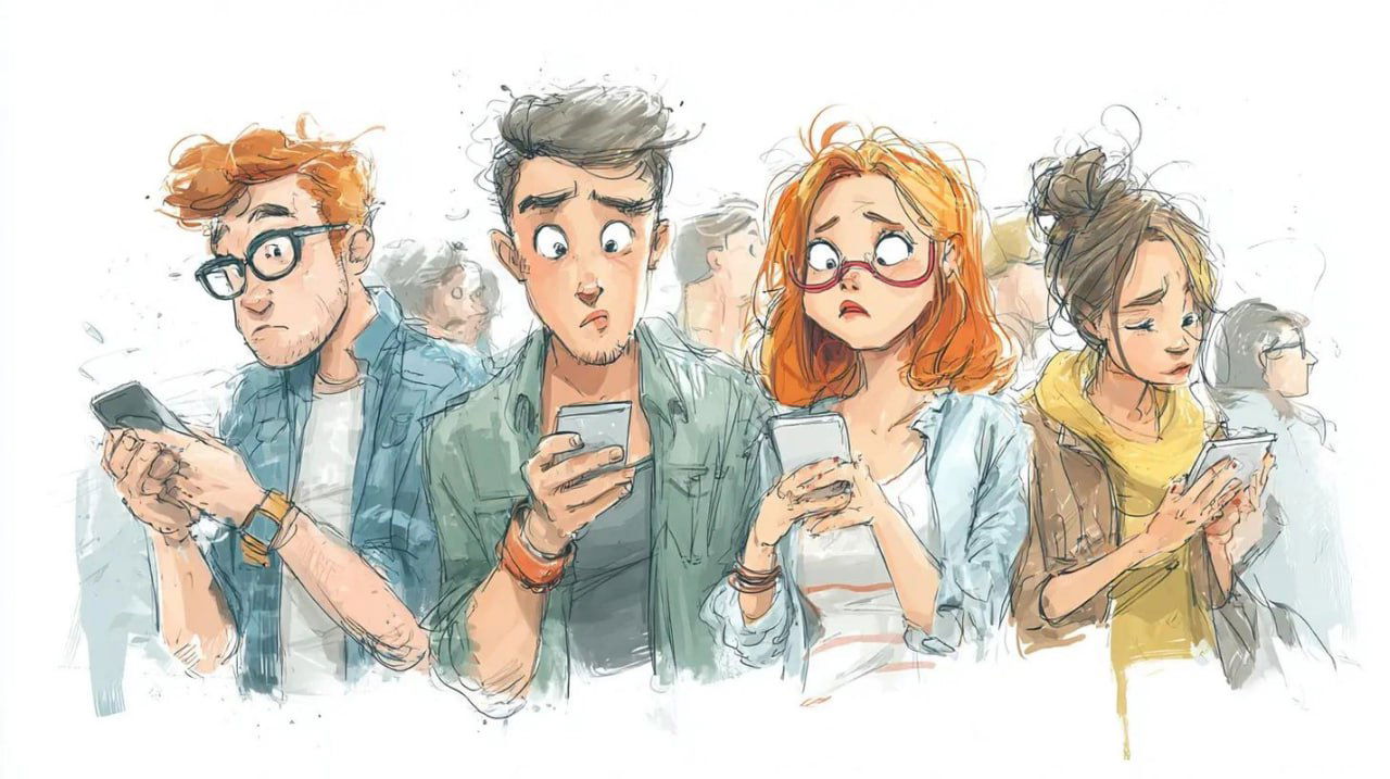 Иллюстрация: группа молодых людей в публичном пространстве, каждый сосредоточенно смотрит в смартфон — метафора зависимости и постоянной связи через мессенджеры.