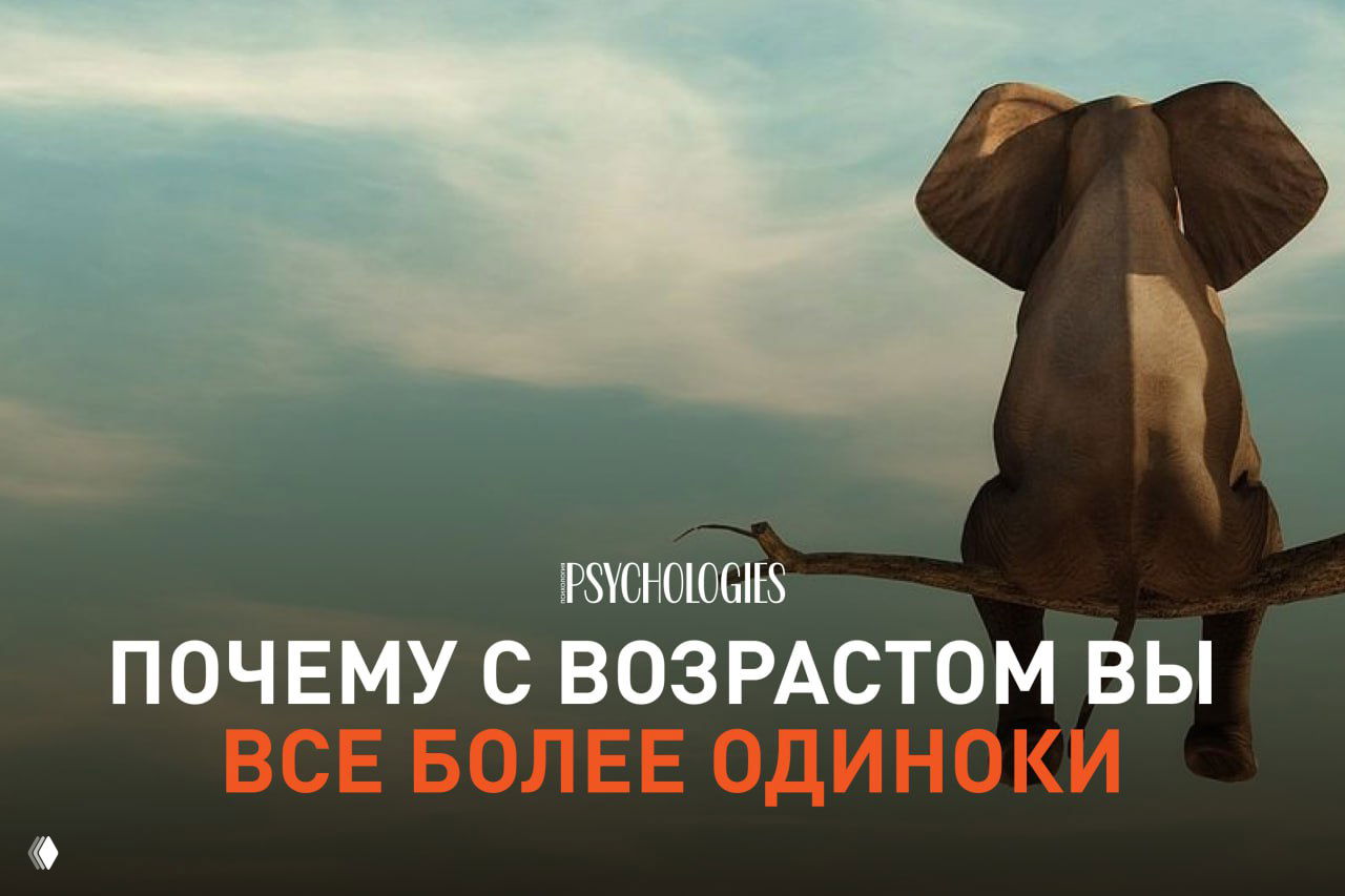 Иллюстрация обложки: слон, сидящий на ветке на фоне неба, поверх — заголовок Psychologies о том, почему с возрастом люди становятся более одиноки.