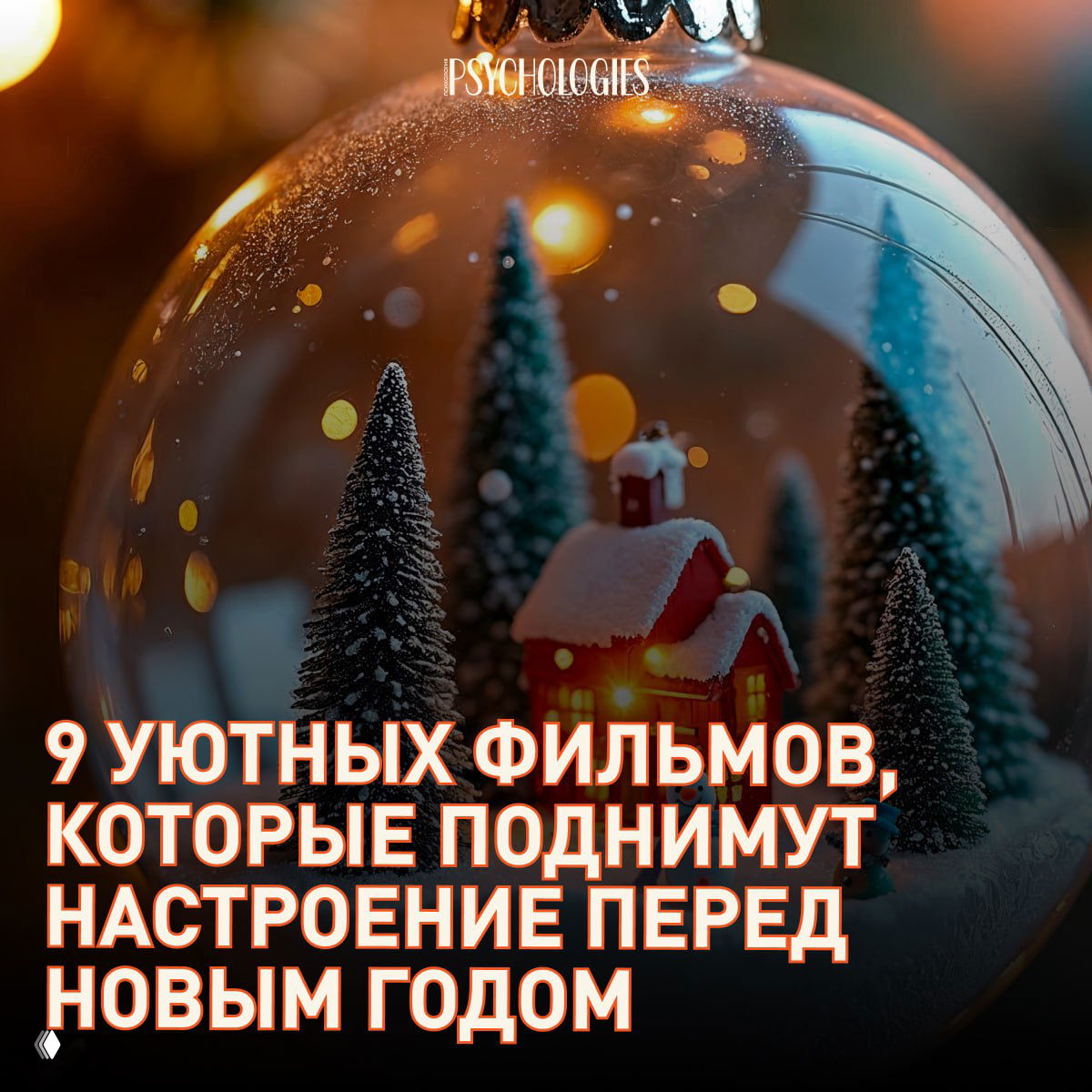 Праздничная обложка подборки Psychologies: миниатюрный зимний домик в стеклянном шаре, расфокусированные огоньки и атмосферная праздничная сцена.