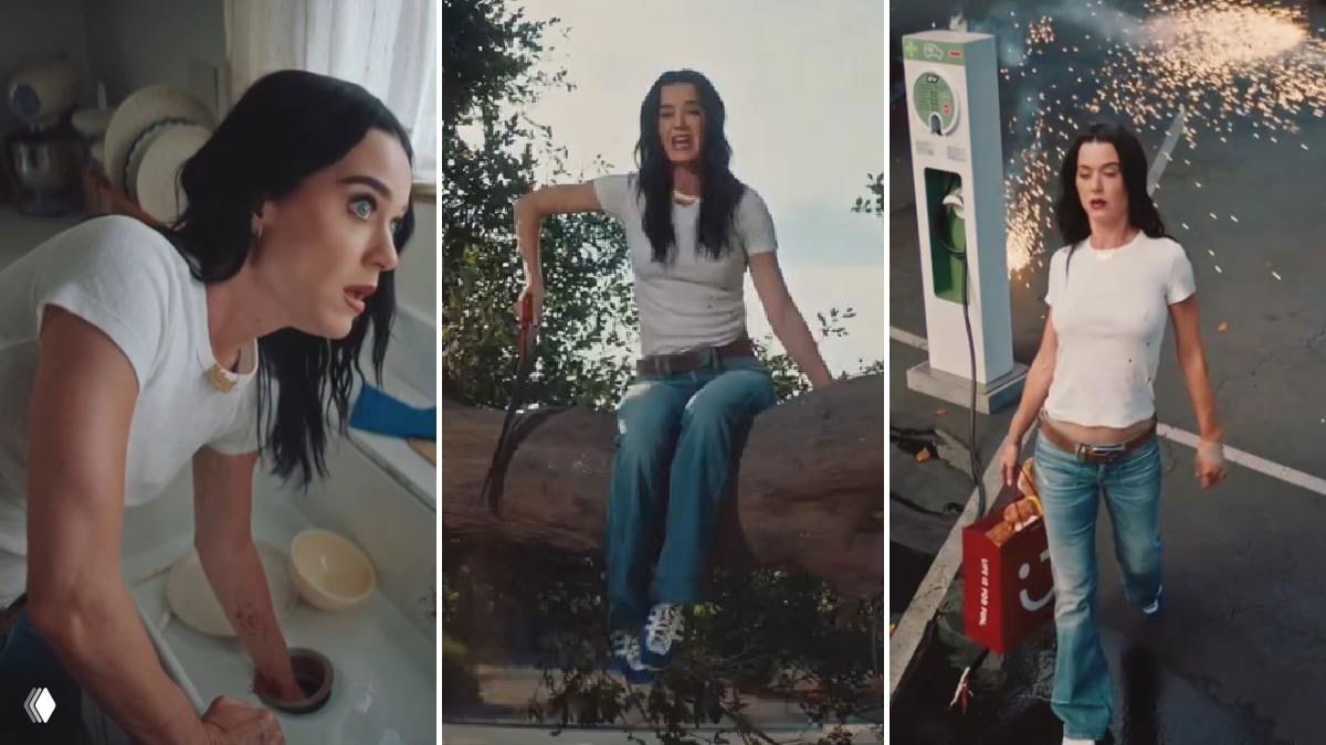 Коллаж из трёх кадров музыкального клипа: женщина в белой футболке у раковины, с лопатой на бревне и идущая по улице на фоне искр