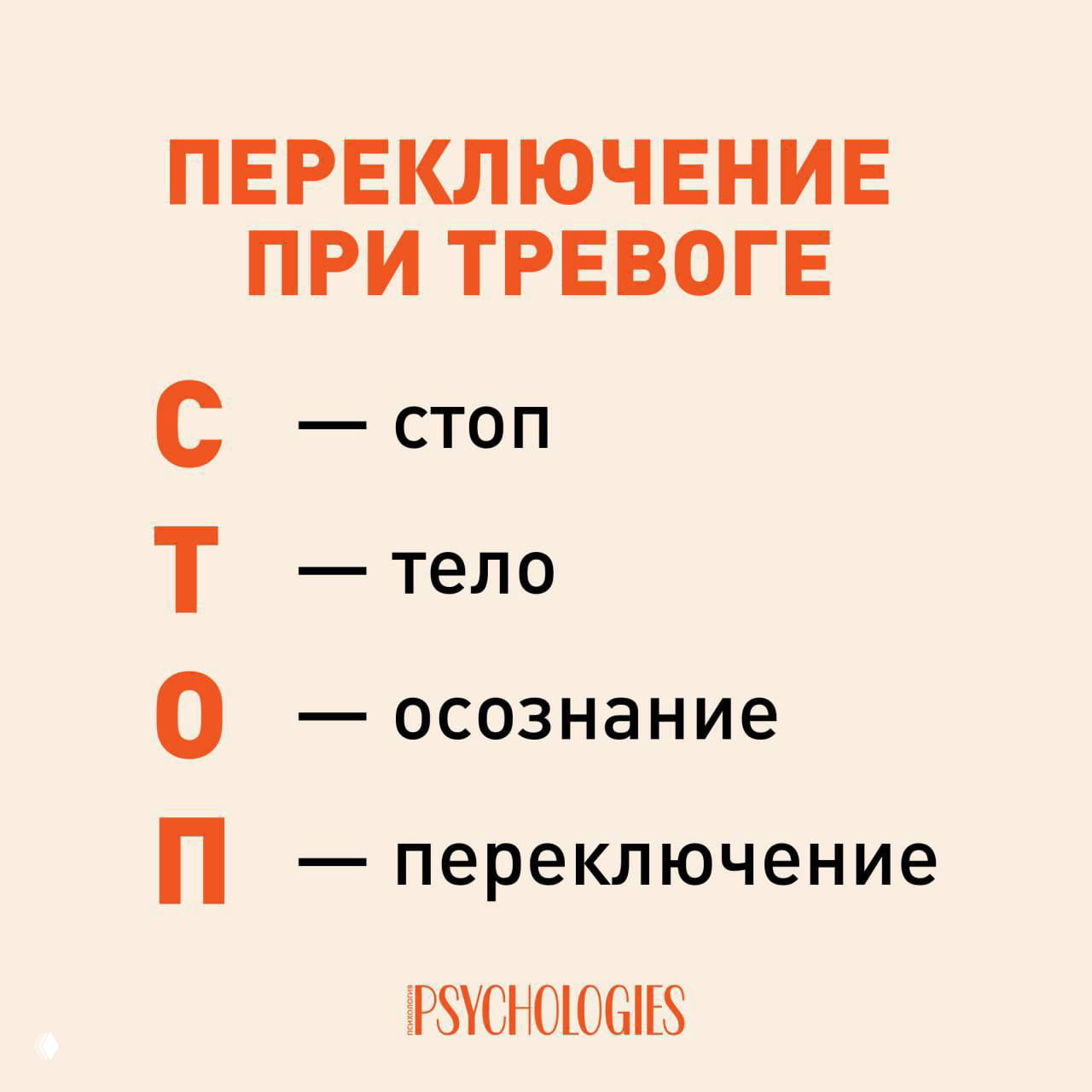 Инфографика Psychologies: заголовок «Переключение при тревоге» и список из четырёх шагов техники СТОП для управления тревогой.