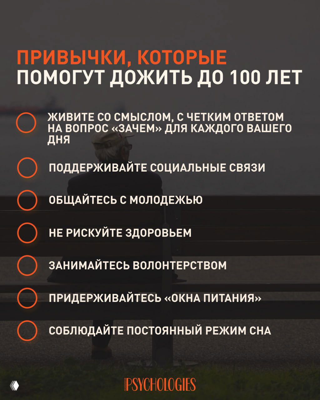Чеклист с заголовком «Привычки, которые помогут дожить до 100 лет» на фоне силуэта пожилого человека, сидящего на скамье у моря